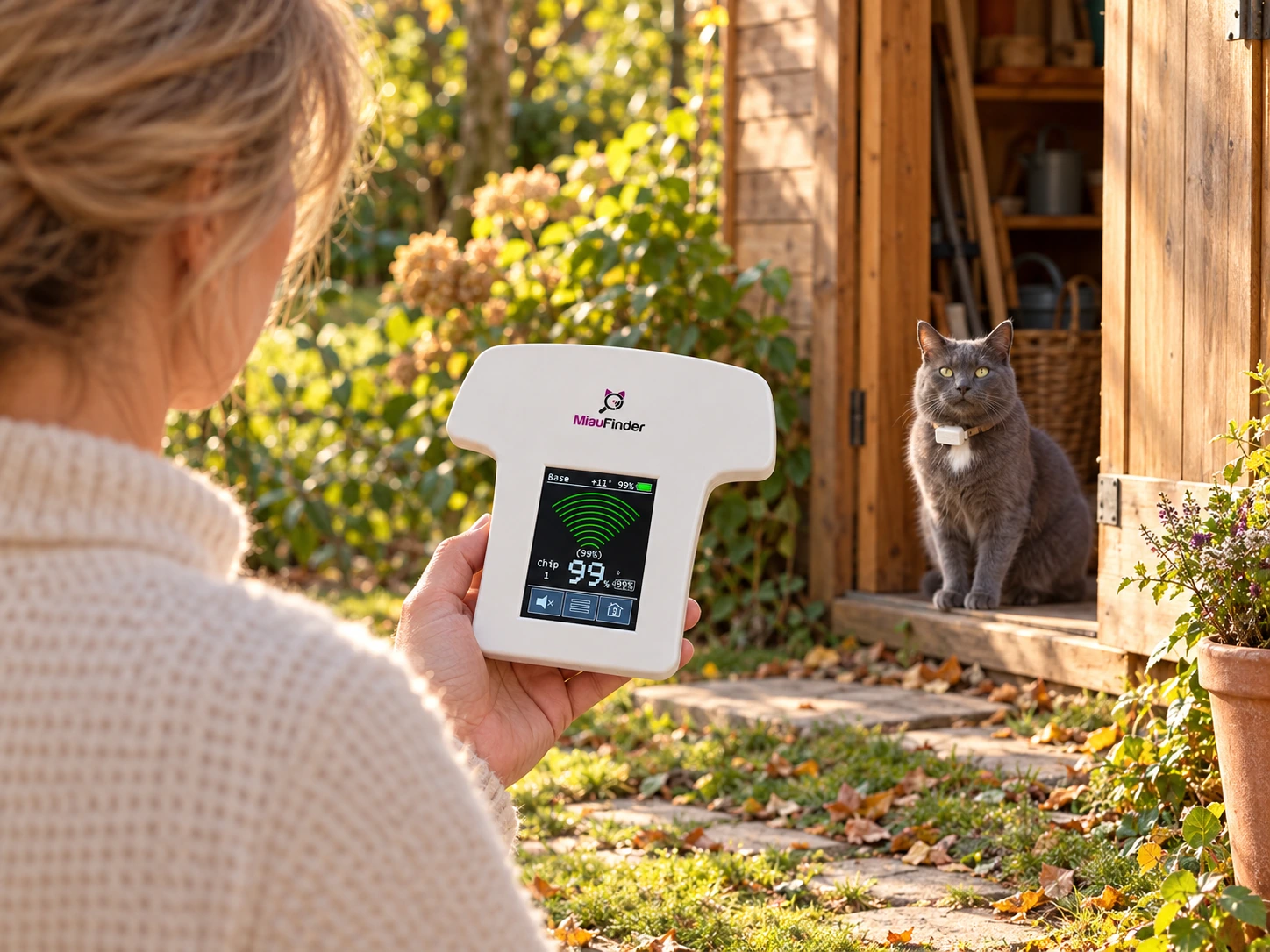 Eine Frau sucht ihre Katze mit dem MiauFinder Empfänger im Garten