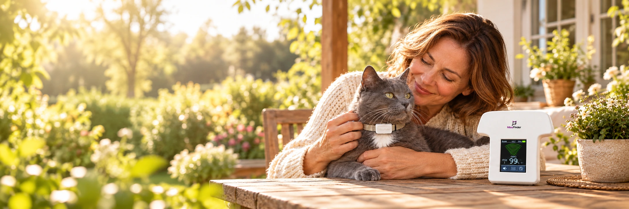 Frau mit Katze, MINI-Peilsender und MiauFinder Empfänger