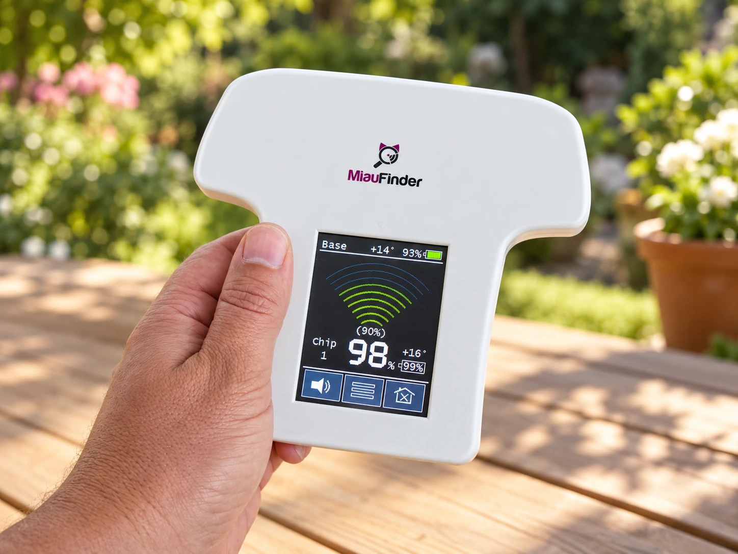 MiauFinder Empfänger im hellen Garten mit Signalstärke, Temperatur und Batteriestand